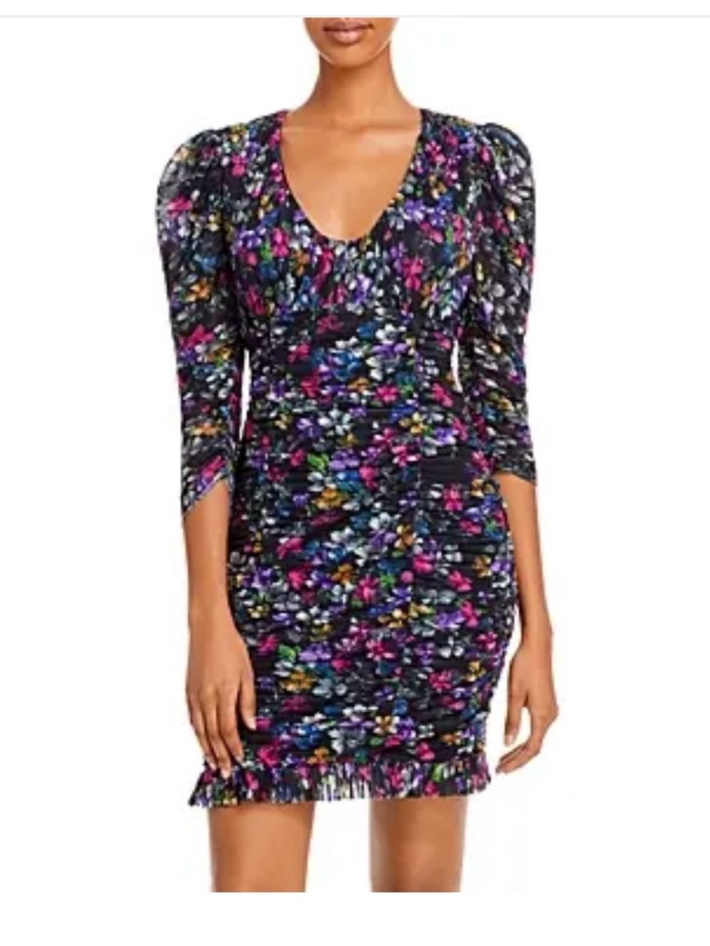 Floral Ruched V-Neck Women's Dress - Black Multi